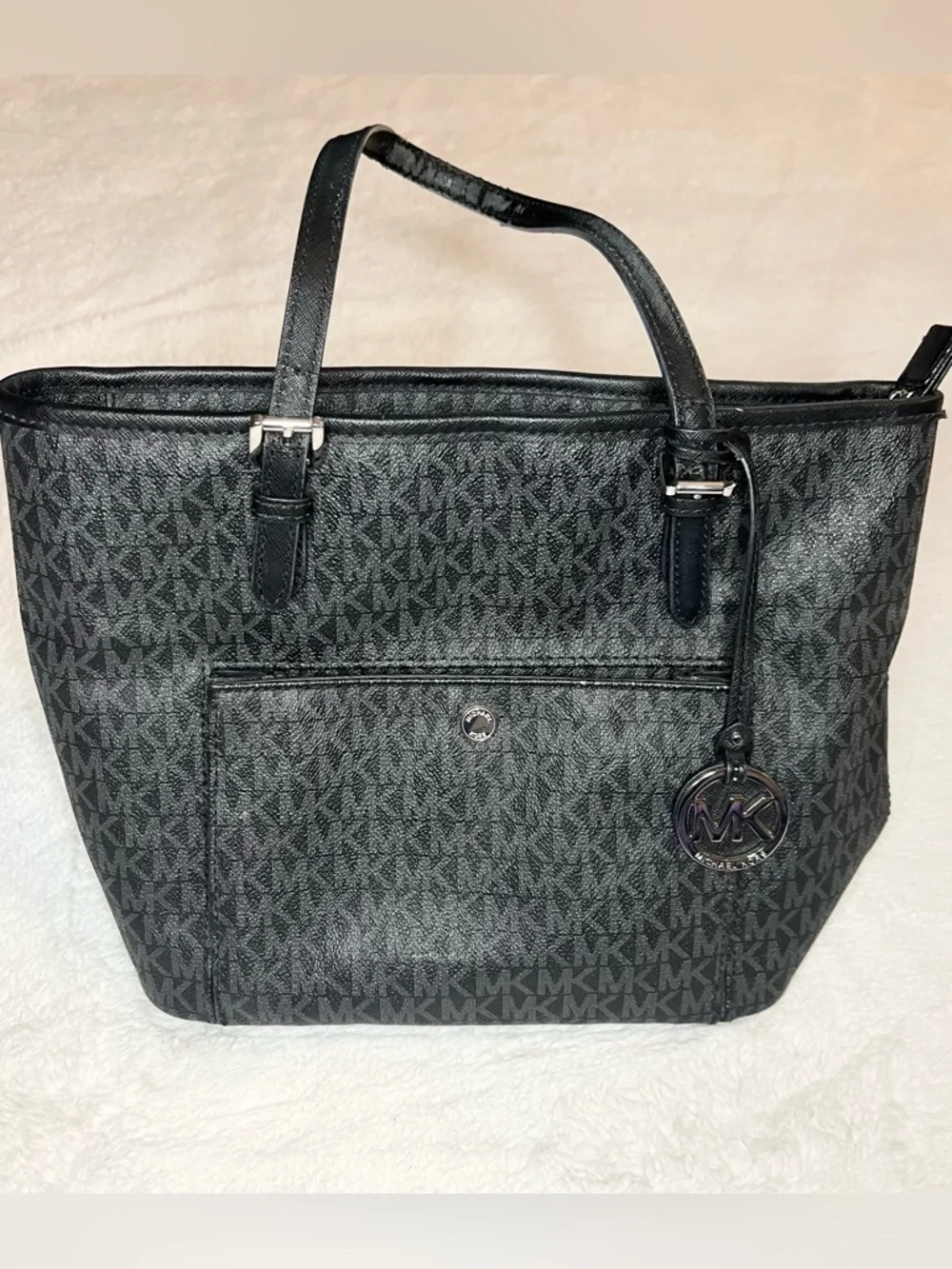 Michael Kors Black Signature MK Logo Jet Set Tote Bag with Front Pocket